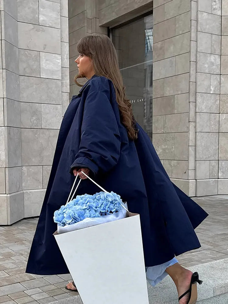 Women’s Navy Blue Single Breasted Trench Coat Loose Fit Fall Outerwear