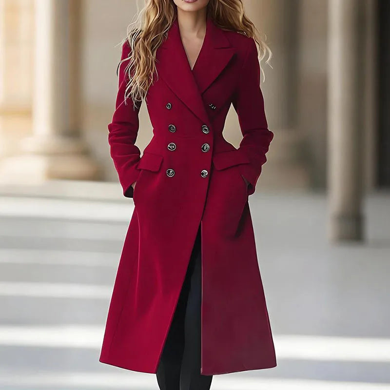 Women’s Double Breasted Red Trench Coat Slim Fit Fall Outerwear with Pockets