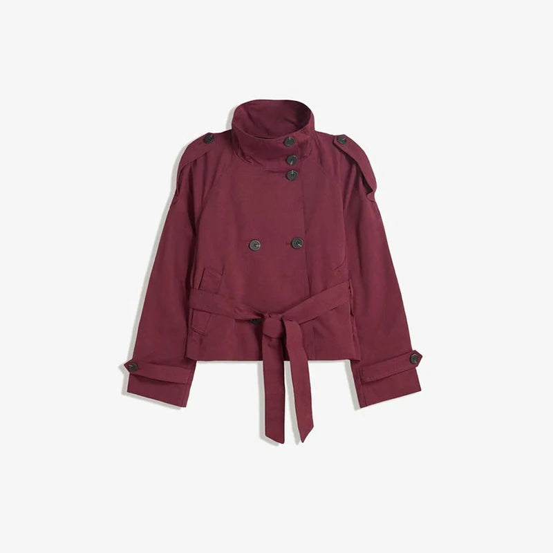 Women’s Short Double Breasted Trench Coat  Belted with Pockets Stand Collar