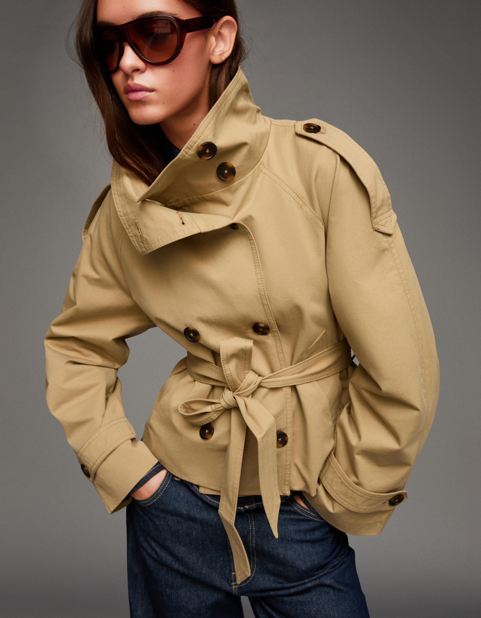 Women’s Short Double Breasted Trench Coat  Belted with Pockets Stand Collar