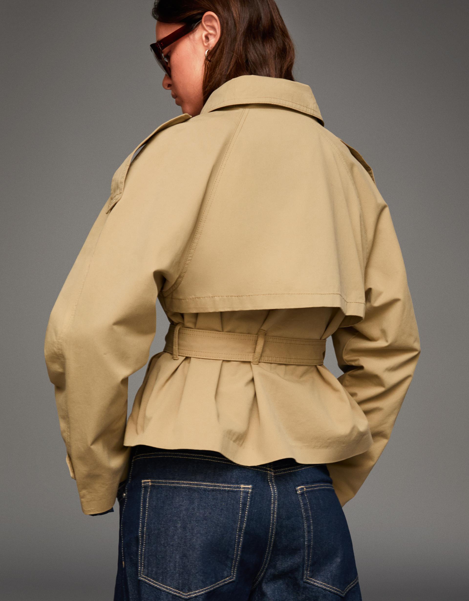 Women’s Short Double Breasted Trench Coat  Belted with Pockets Stand Collar