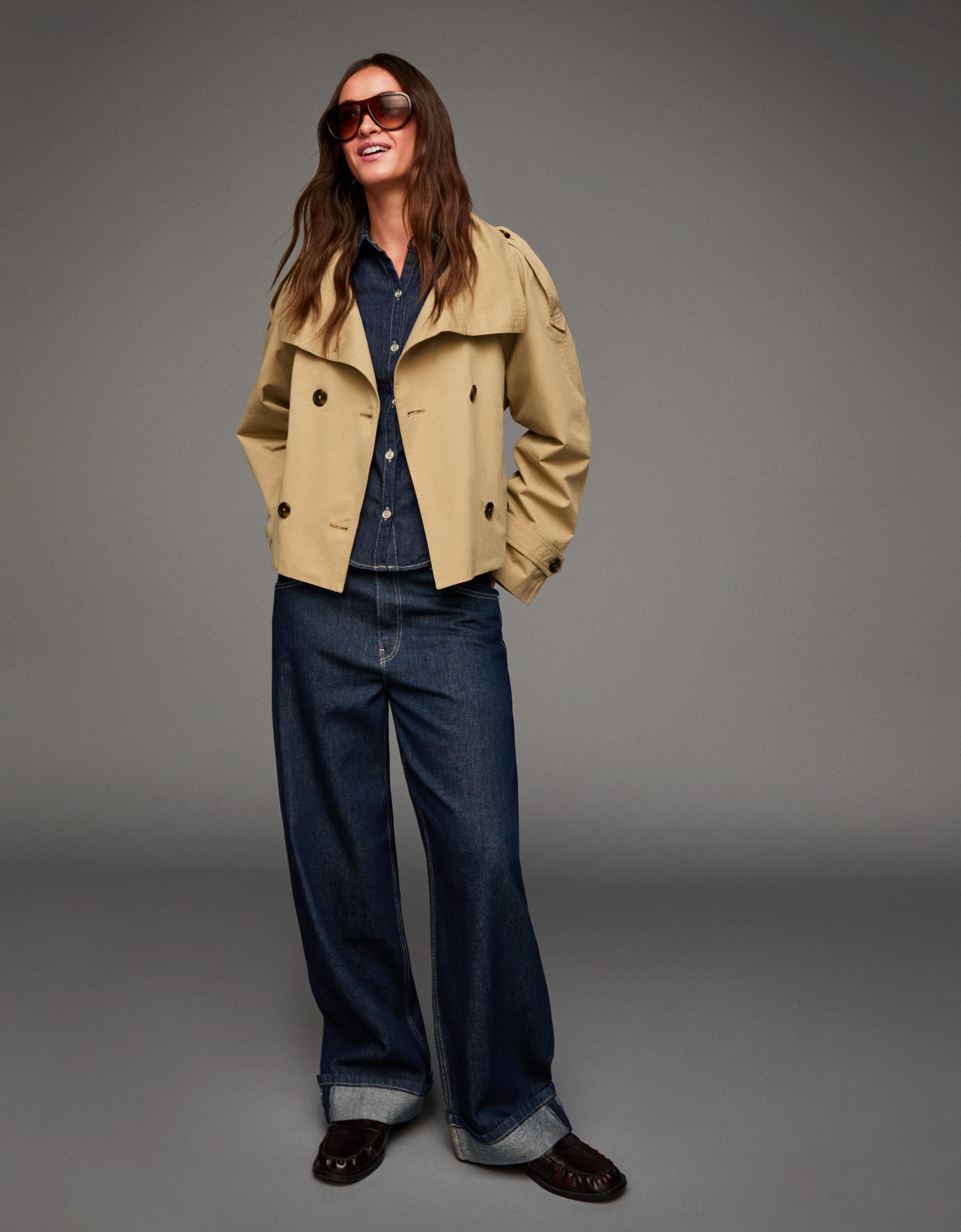 Women’s Short Double Breasted Trench Coat  Belted with Pockets Stand Collar