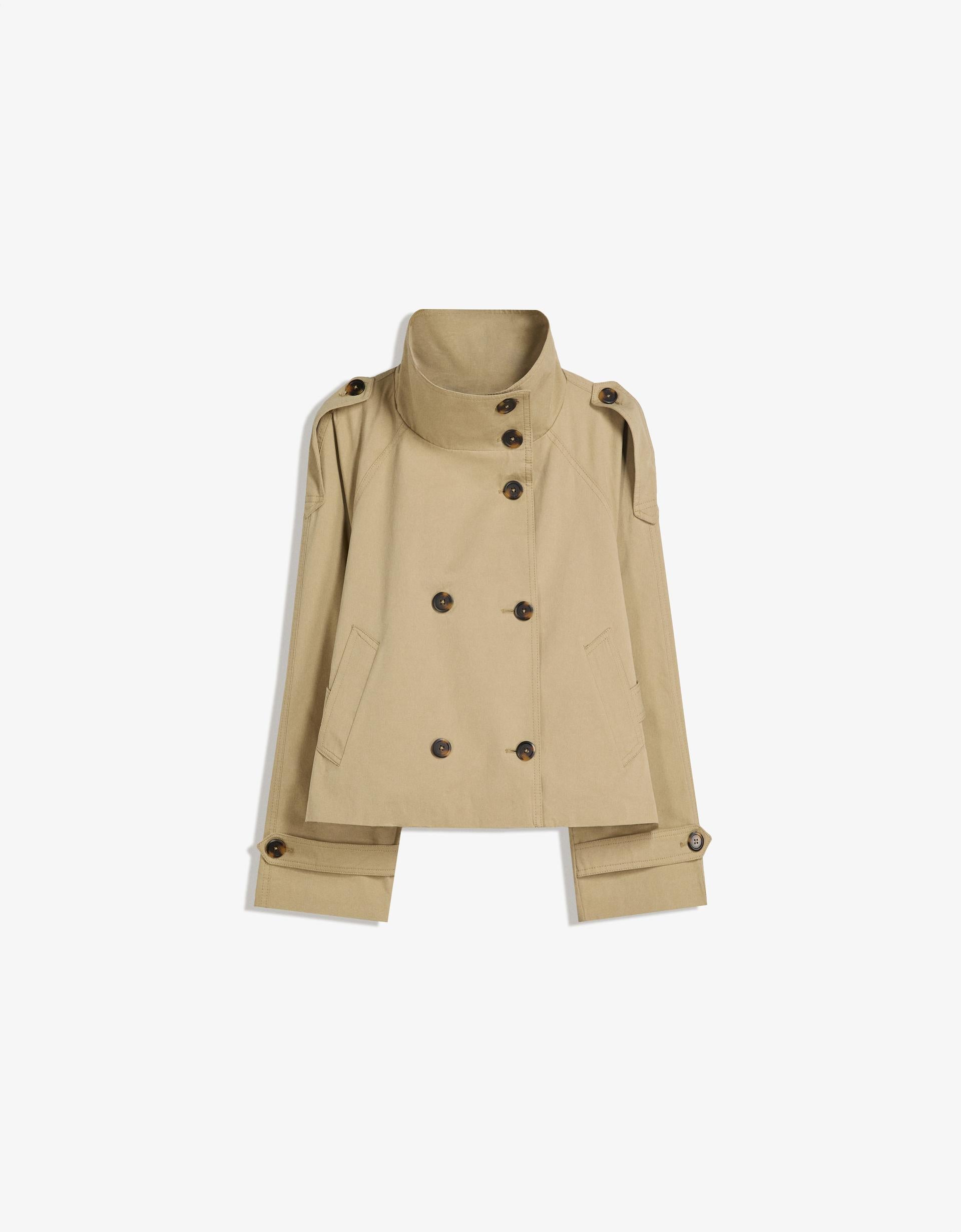 Women’s Short Double Breasted Trench Coat  Belted with Pockets Stand Collar